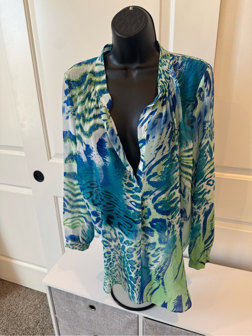 Women's Printed V-Neck Blouse in Blue and Green
